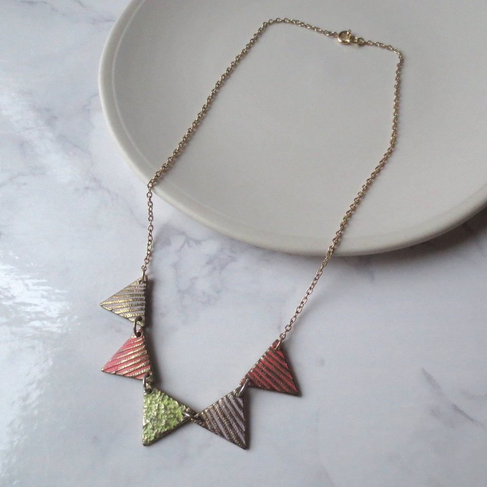 Triangle Pendant Gold Necklace in Neon Yellow, Pink Orange and Violet Purple